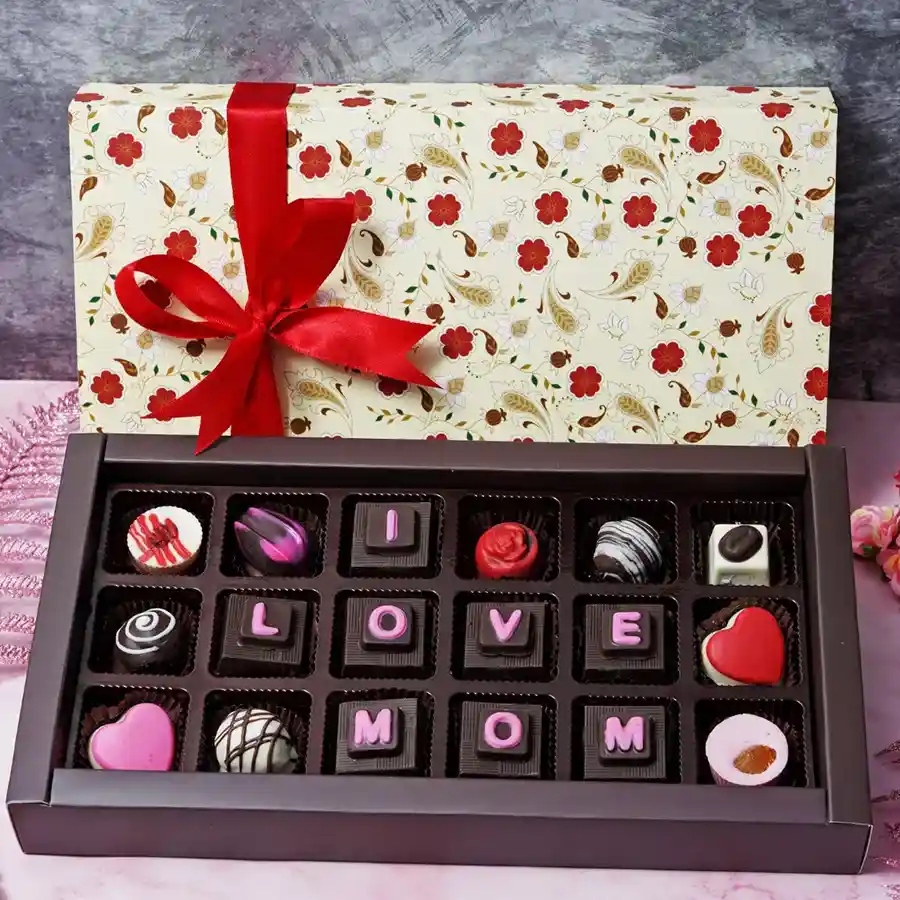 Flavored Chocolaty Treats Box for Mom with assorted chocolates and a heartfelt "I Love Mom" message