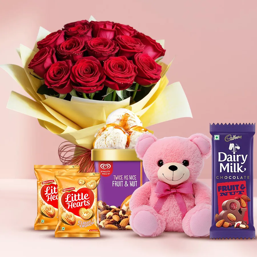 Romantic roses, ice cream, cookies, and teddy bear gift set.