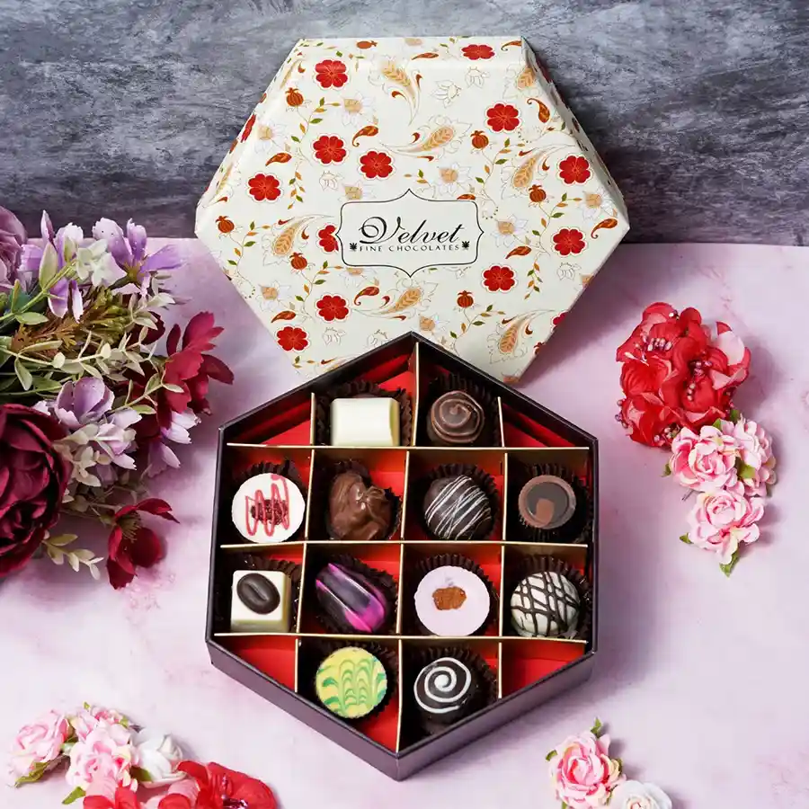 Delectable Mother’s Day Choco Filled Gift Box featuring 12 handcrafted chocolates in a hexagonal box
