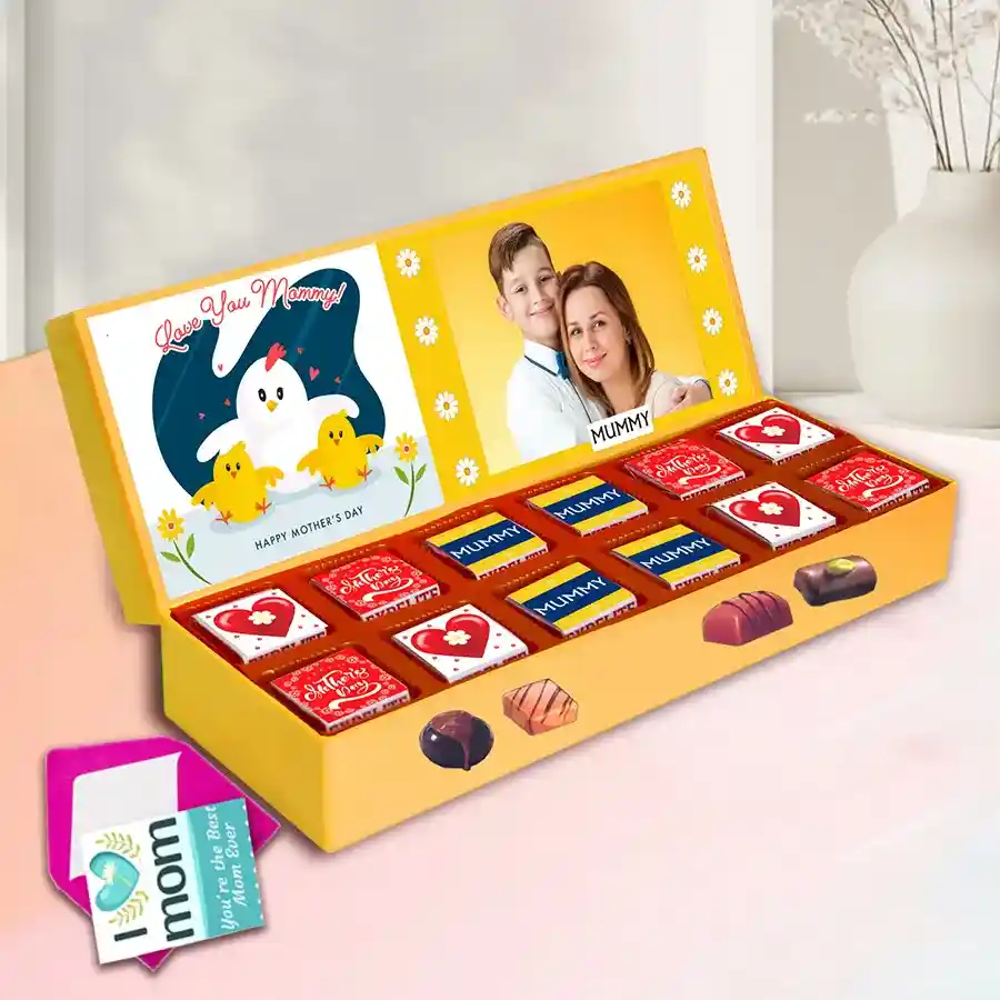 Personalized box of assorted handcrafted chocolates for Mother's Day with custom name and photo