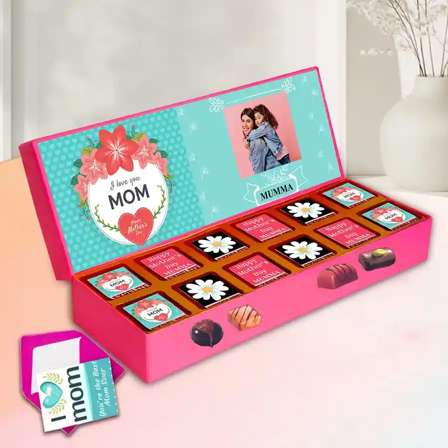 Chocolaty Fiesta Box with personalized chocolates and a greeting card for Mother's Day celebration