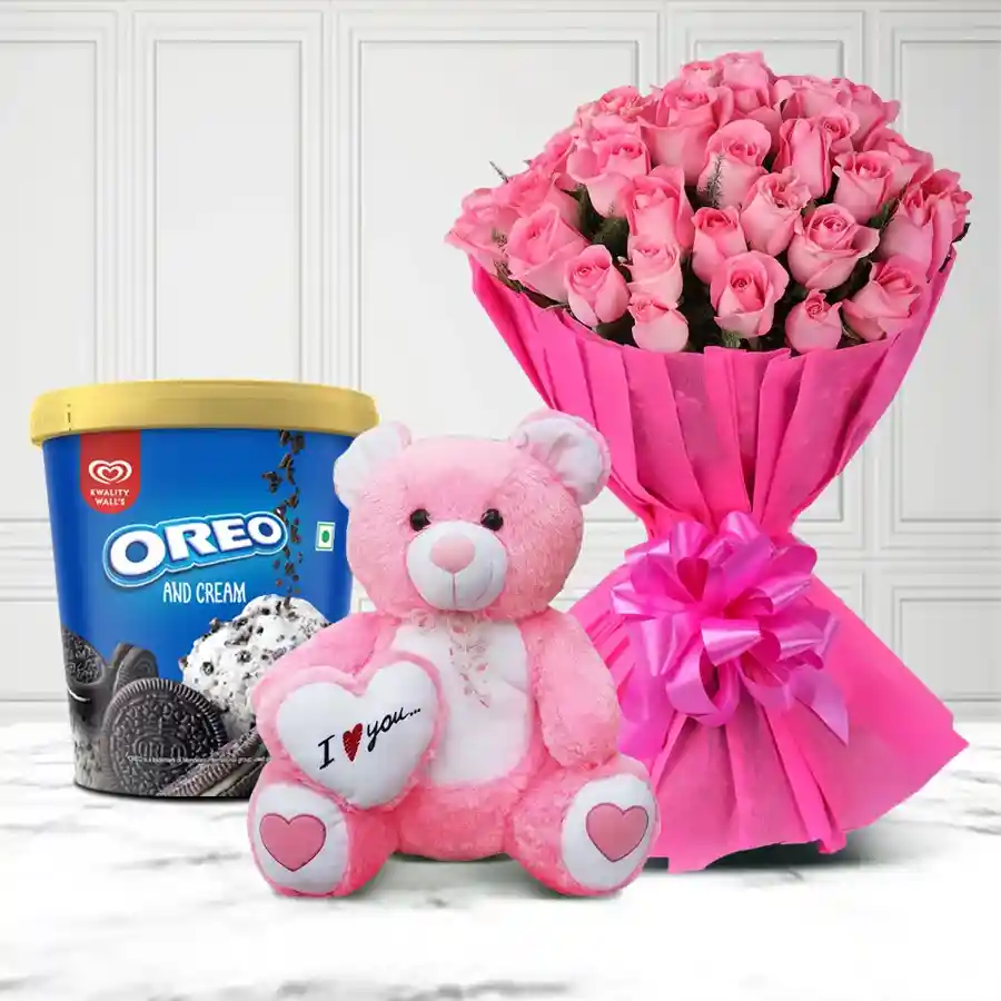 A charming combo of 30 pink roses, Oreo ice cream tub, and a 6-inch love teddy.
