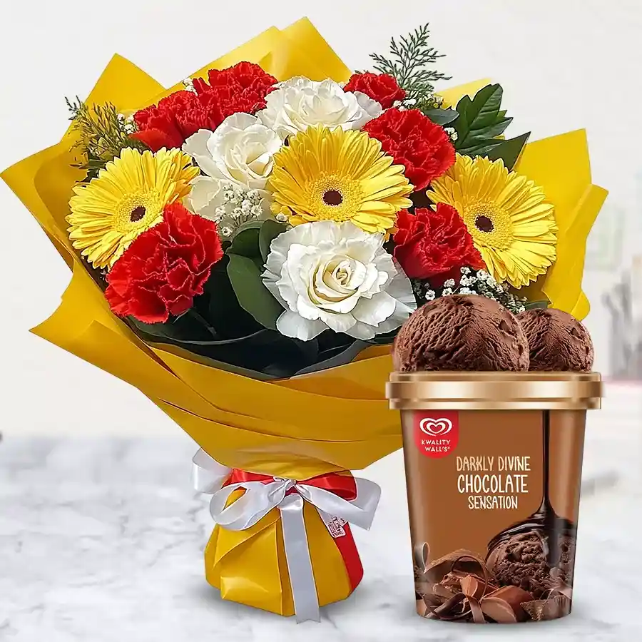 Cheerful mixed flower arrangement with Kwality Walls chocolate ice cream.
