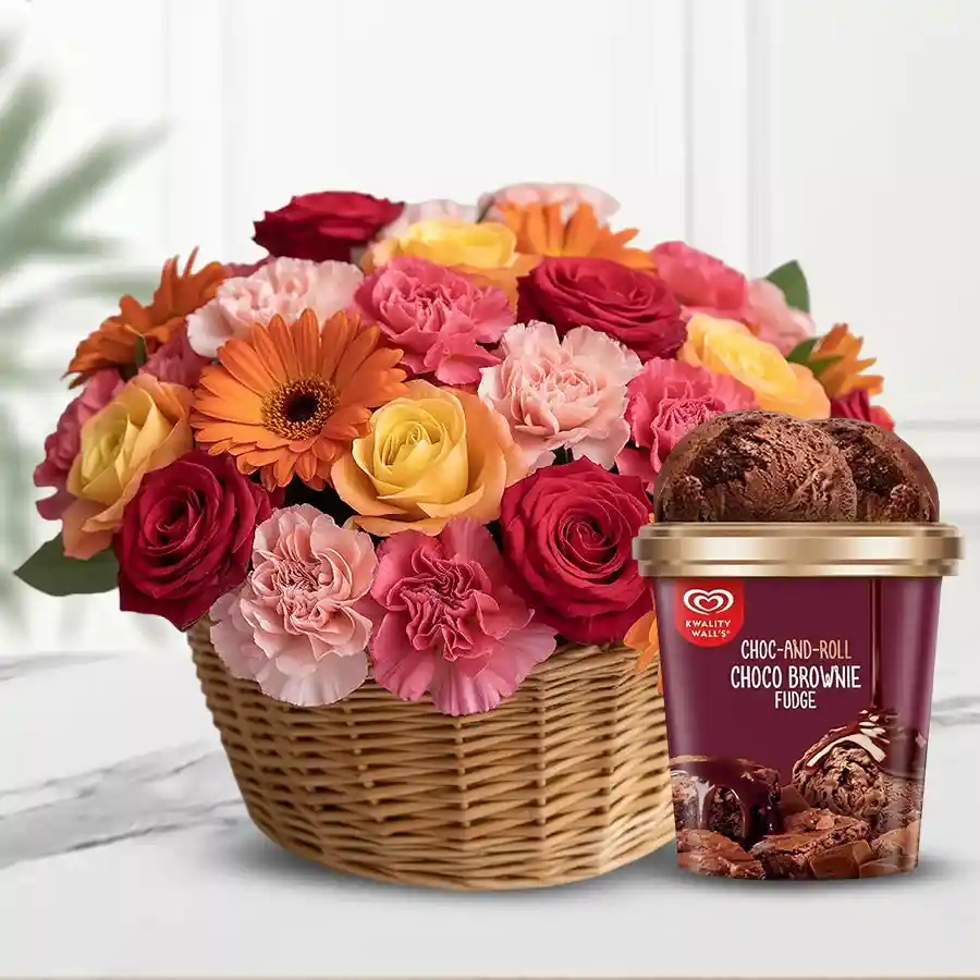 A vibrant arrangement of 24 mixed flowers paired with Kwality Walls Choco Brownie Fudge Ice Cream in a delightful presentation.