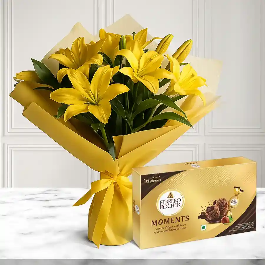 A bouquet of vibrant yellow lilies paired with a box of Ferrero Rocher chocolates, symbolizing joy and friendship.