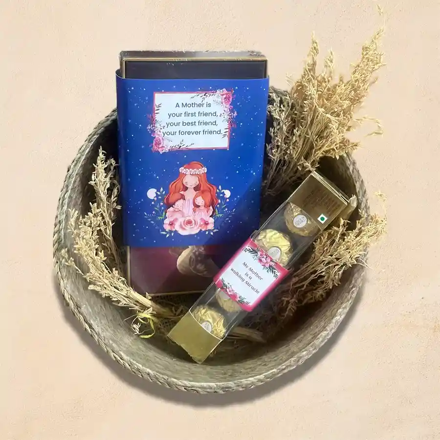 Gift box featuring Ferrero Rocher chocolates and Bisk Farm Luxure Belgian Chocolate