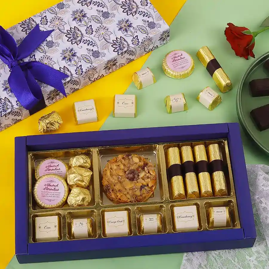 Crunchy Delight Confection Box with assorted chocolates and treats