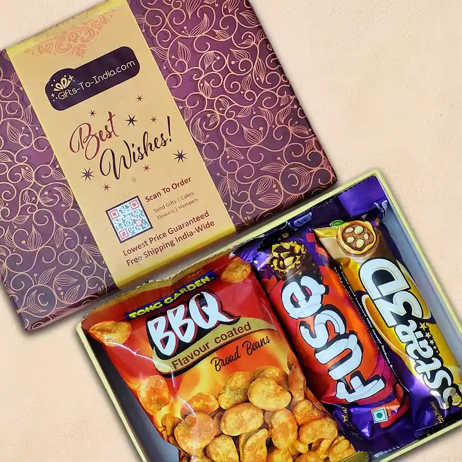Delicious Chocolates N Crunches Gift Box featuring Cadbury Fuse, Cadbury 3D 5 Star, and Tong Garden BBQ snacks.