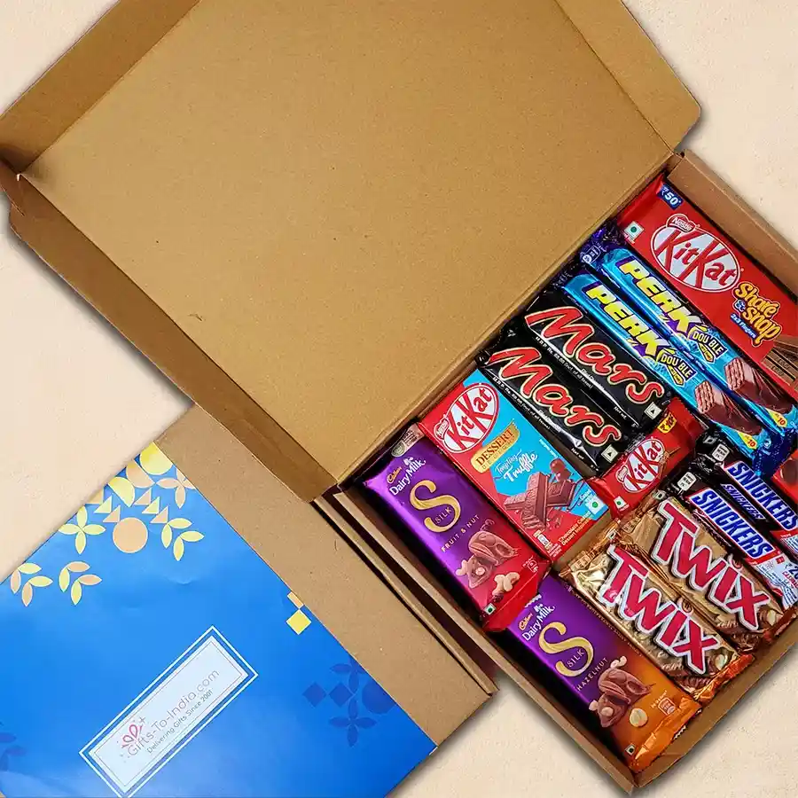 Chocolaty Indulgence Gift Box filled with Cadbury Dairy Milk Silk, Twix, KitKat, and Mars bars