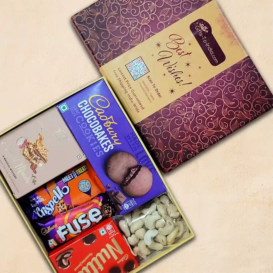 Choco Delights Gift Box filled with assorted chocolates and snacks including cashews, Cadbury Choco Bakes, Nutties, Crispello bars, Almond Miracle, and Fuse bars