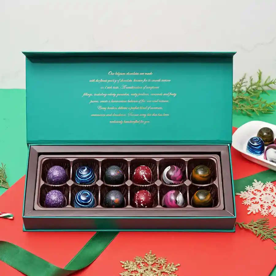 Exclusive Bon Bon Assortment Box with 12 handcrafted chocolates in various flavors