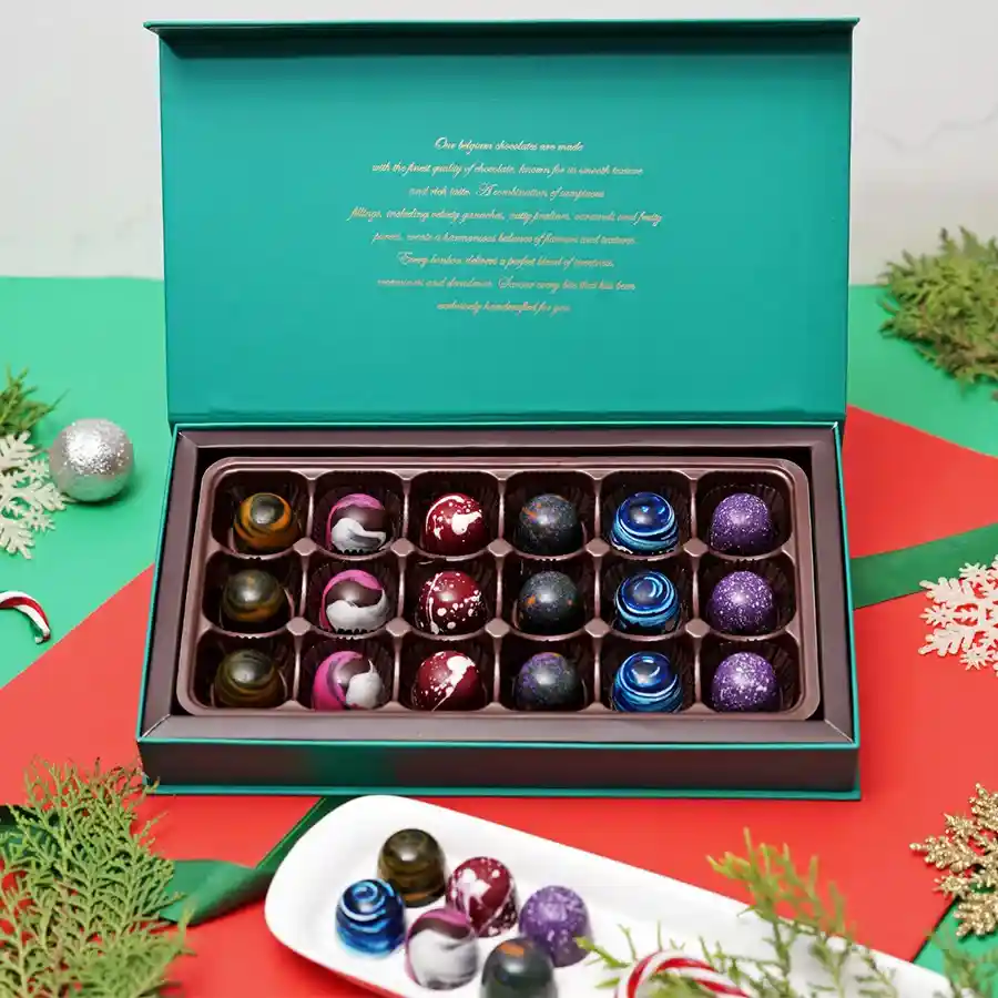 Luxe Assorted Bon Bon Gift Box with 18 handcrafted chocolates in elegant packaging