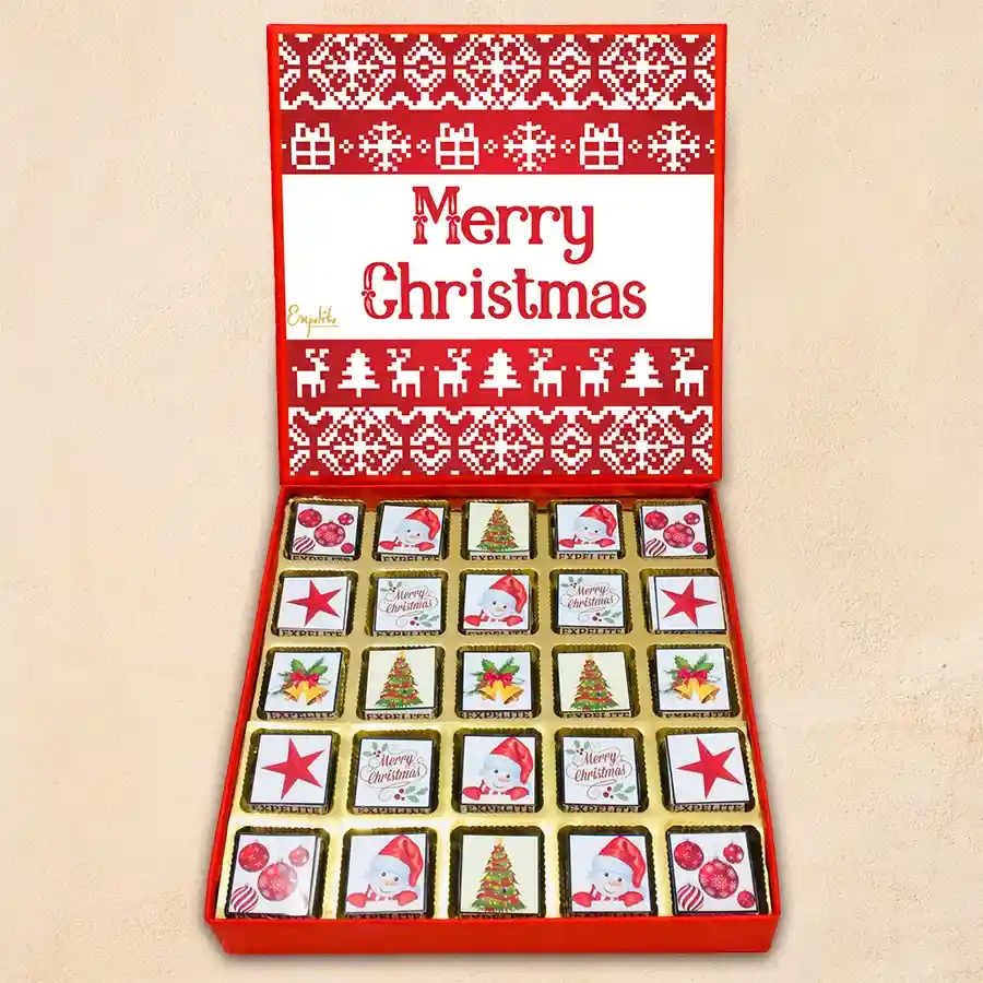 Yummy Assorted 25 Chocolates Gift Box with festive Merry Christmas design and various chocolate flavors