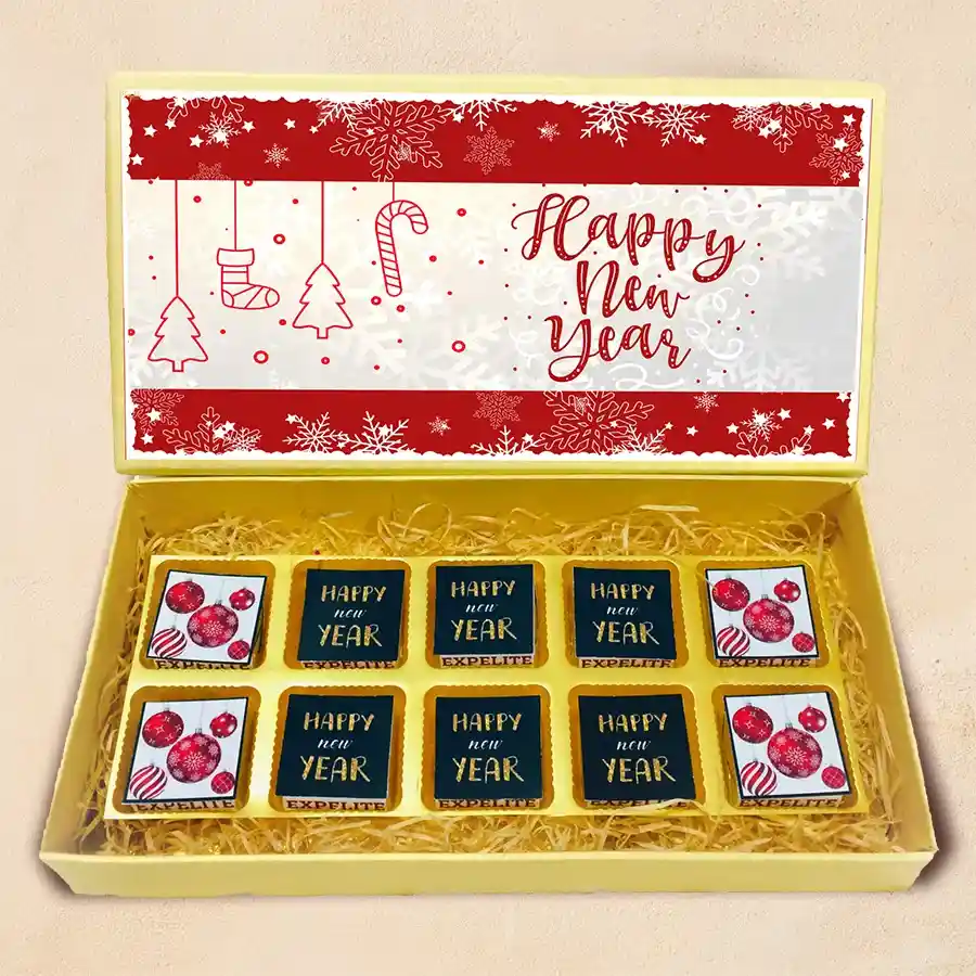A vibrant box filled with an assortment of 10 various chocolates, showcasing flavors like Roasted Dry Fruit, Cranberry, Paan, Butterscotch, Mixed Fruits, and Chocochip, designed for festive celebrations.
