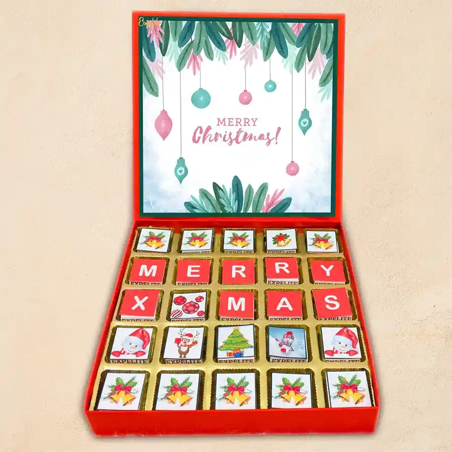 Flavour Packed Christmas Chocolates Box featuring assorted chocolates with festive designs and various fillings