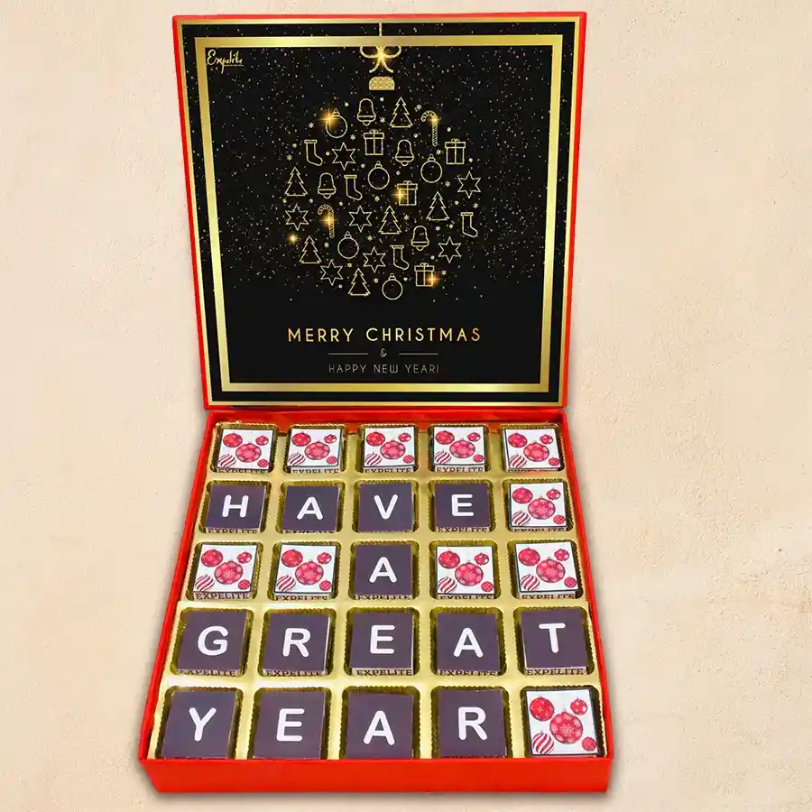 Flavourful Festive Chocolates Box with assorted chocolates and vibrant holiday packaging