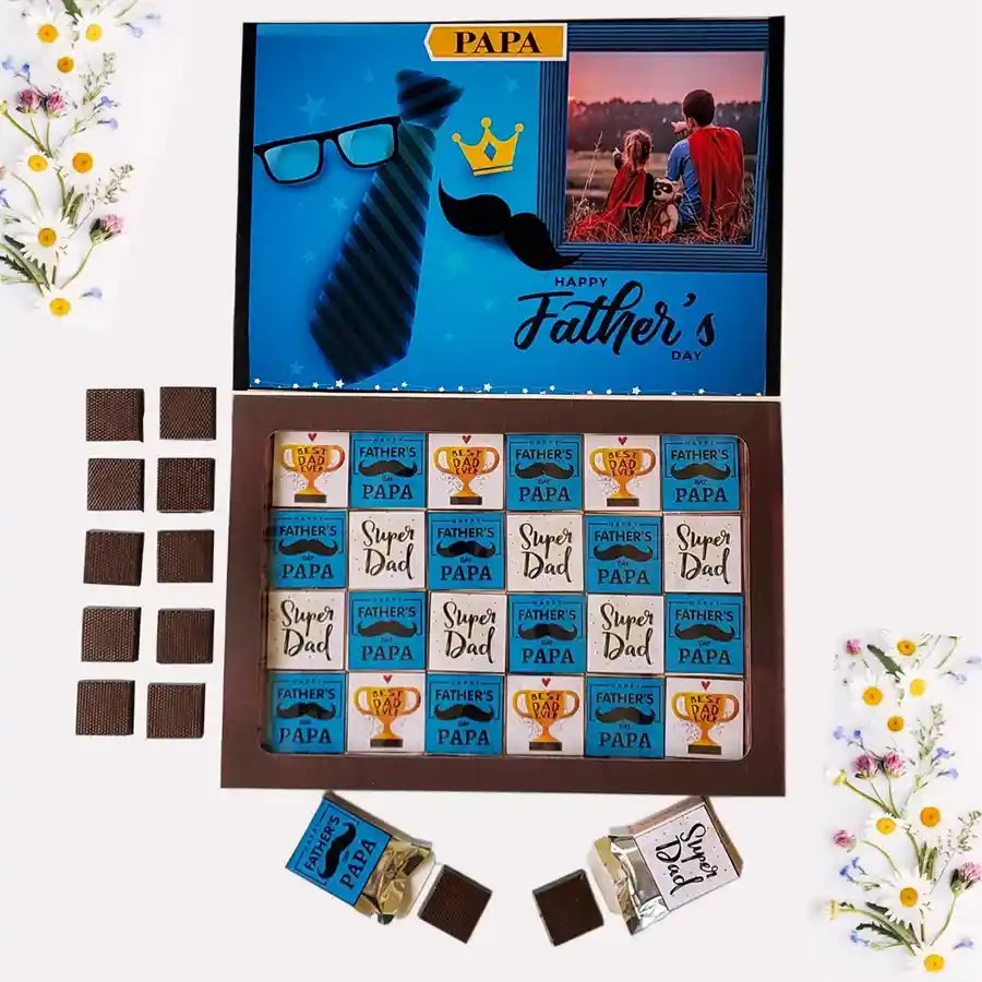Personalized chocolate assortment for Father's Day featuring 24 themed chocolates in various flavors with custom name and photo on an elegant box.