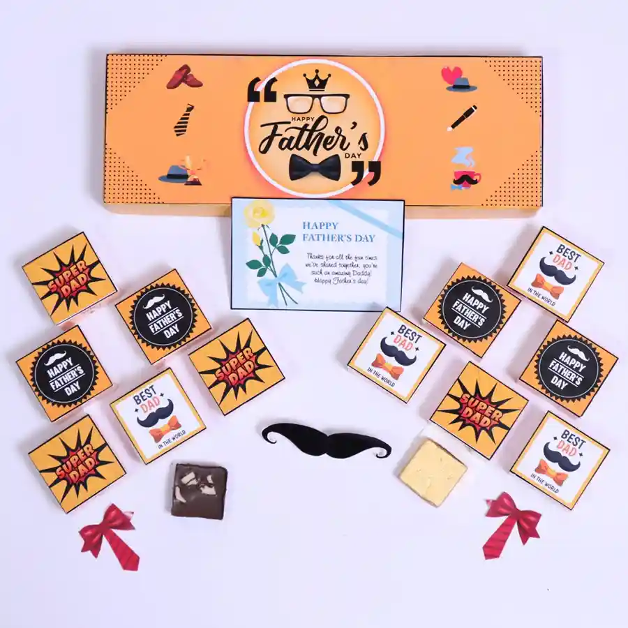 Father's Day Special Custom Chocolate Collection featuring personalized chocolates with names and photos, beautifully packaged with rich roasted dry fruit and tangy cranberry fillings.