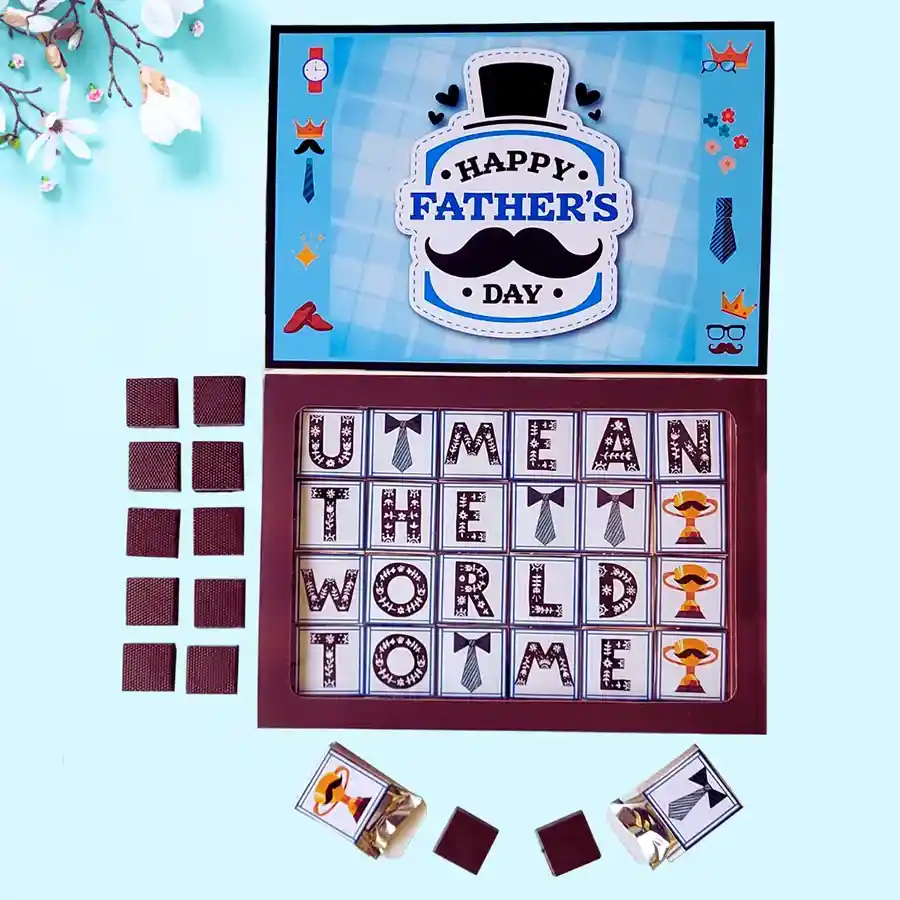 Personalized gift box of chocolates for Father's Day featuring handcrafted chocolates with custom names and photos in various flavors
