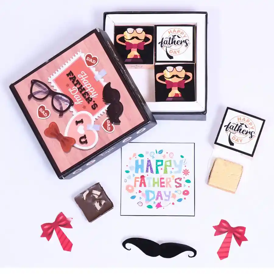 Box of handcrafted chocolates personalized for Father's Day with dry fruits and cranberries