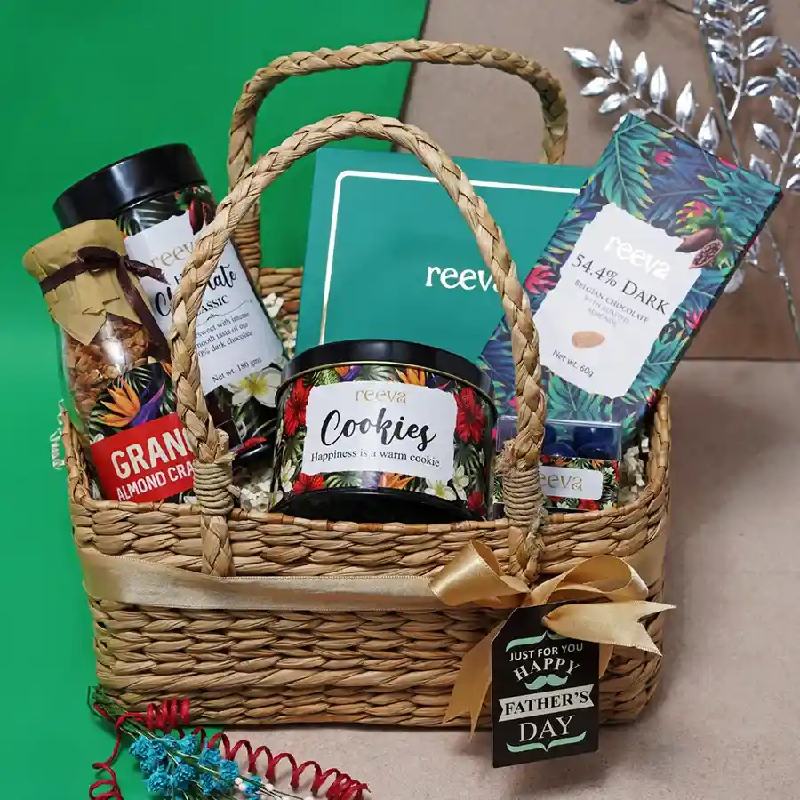 Classic Bon Bon N Chocolate Delights gift box featuring Hot Chocolate Classic, Blueberry Dragees, Oats Raisins Cookies, Almond Cranberry Granola, and Dark Belgian Chocolate with Roasted Almond.