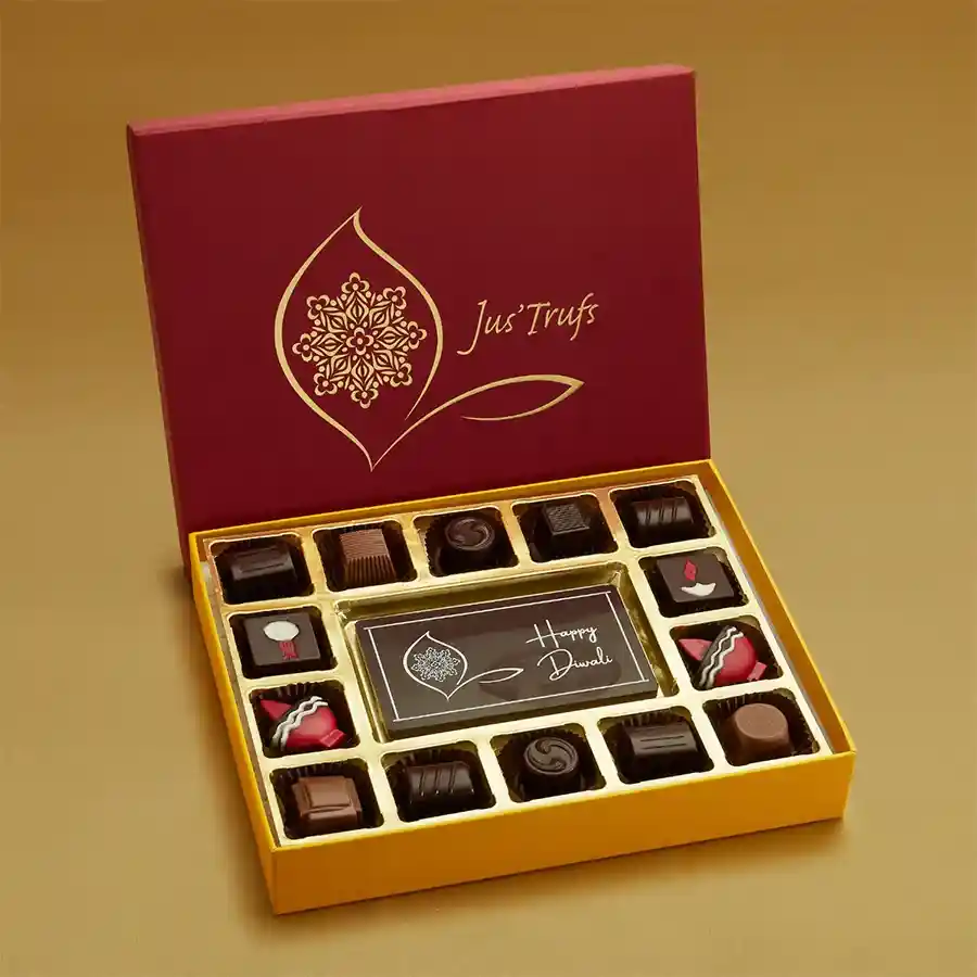 Sweet Diwali Indulgence Pack in a handmade Mandala box with a Happy Diwali Bar and 14 assorted truffles featuring Diwali designs.
