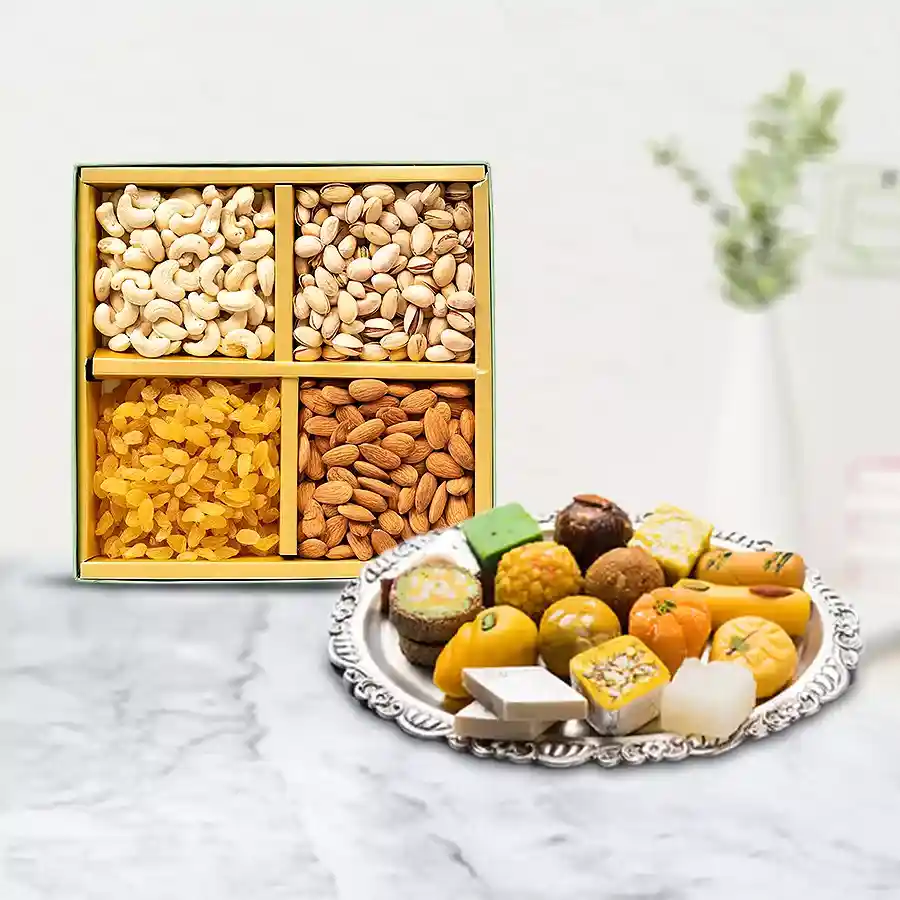 Assorted dry fruits and sweets in a beautifully packaged gift box