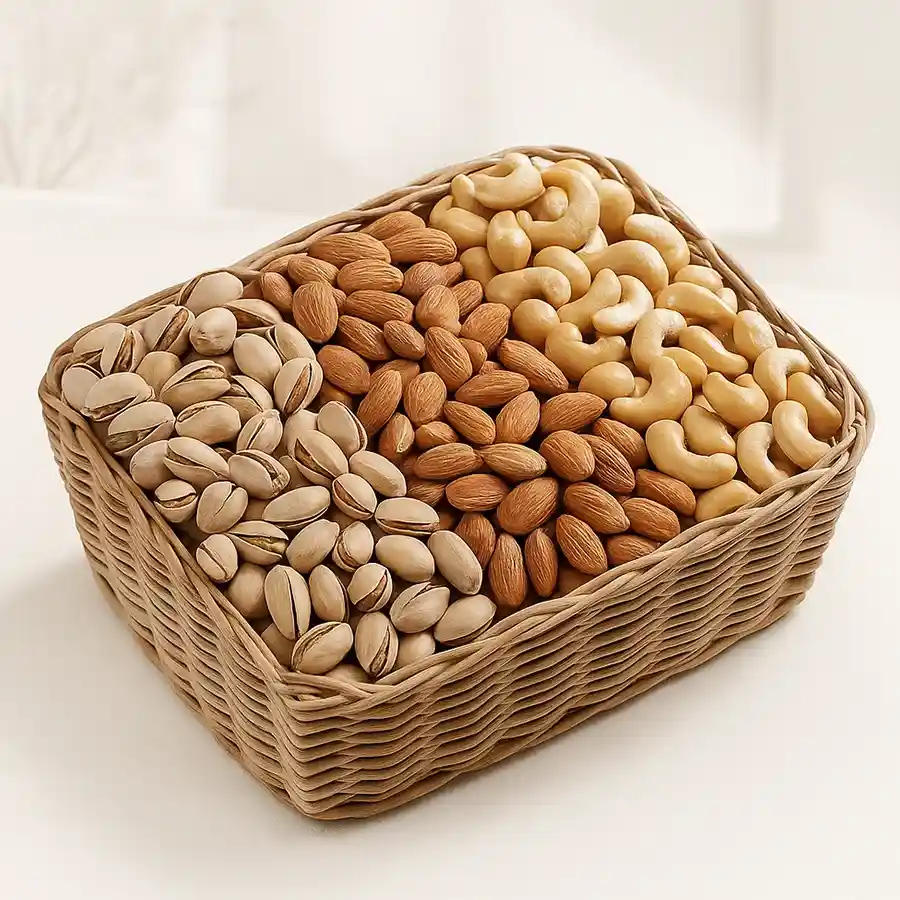 Savory Nut Medley Gift Basket showcasing salted cashews, almonds, and pistachios.