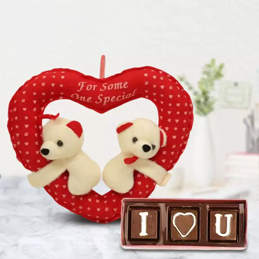 Yummy Homemade Chocolate with Twin Teddy bear cushion gift set featuring three handmade chocolates and an 18 cm heart-shaped couple teddy bear cushion