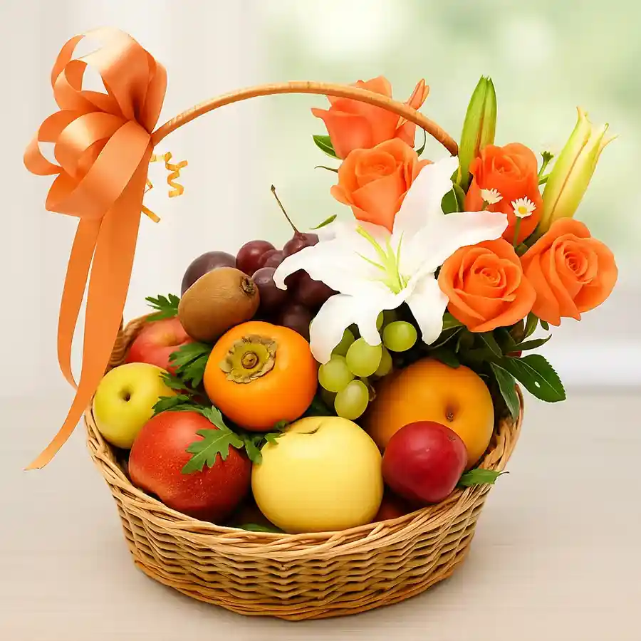 Luscious Imported Fruits Basket with Orange Roses and White Lily