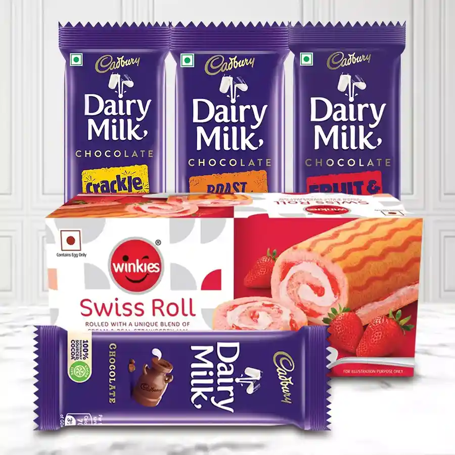 Special Chocolates Gift Hamper featuring Cadbury Dairy Milk bars, Crunchy Crackle, Fruit & Nut, Roast Almond chocolates, and Winkies Swiss Roll with strawberry jam
