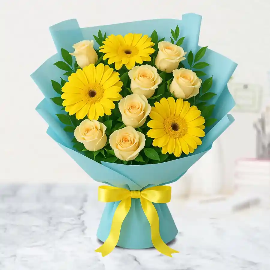 A vibrant bouquet featuring 10 white roses and 5 yellow gerberas wrapped in blue tissue, perfect for gifting.