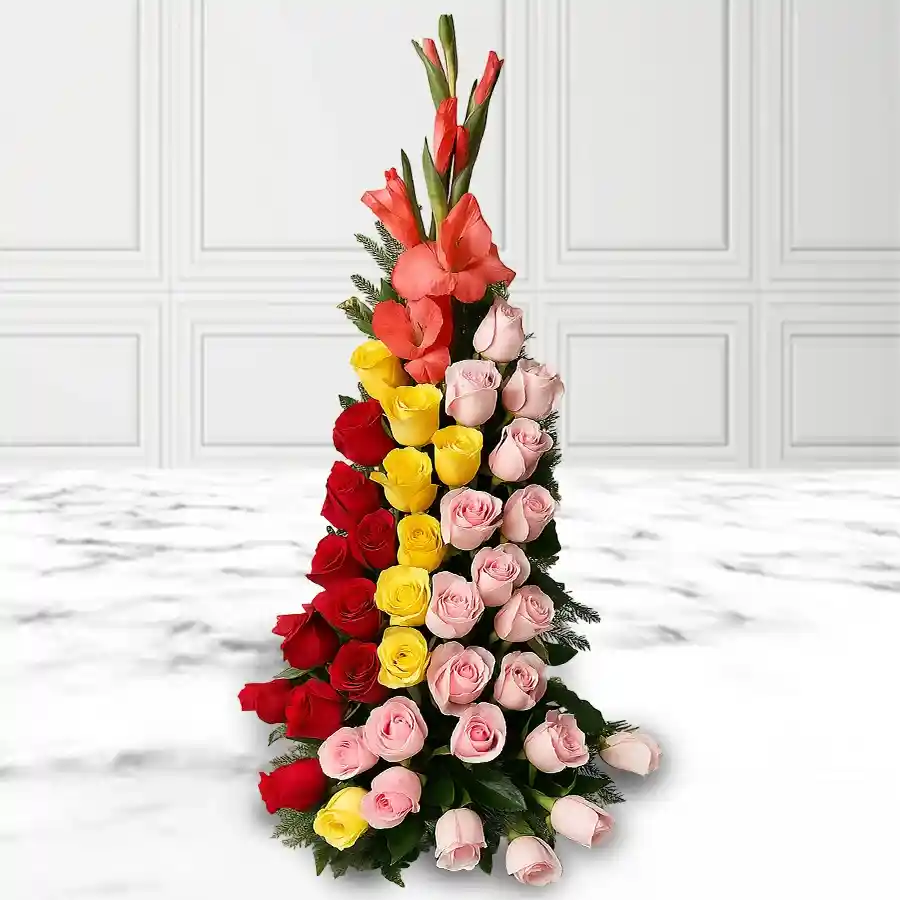 Artistic tall arrangement featuring 60 assorted roses and gladiolus flowers, designed to convey heartfelt sentiments.