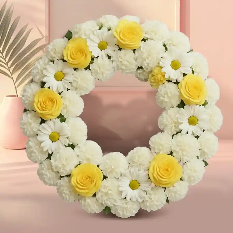 Serene Fresh White N Yellow Flowers Wreath for remembrance.