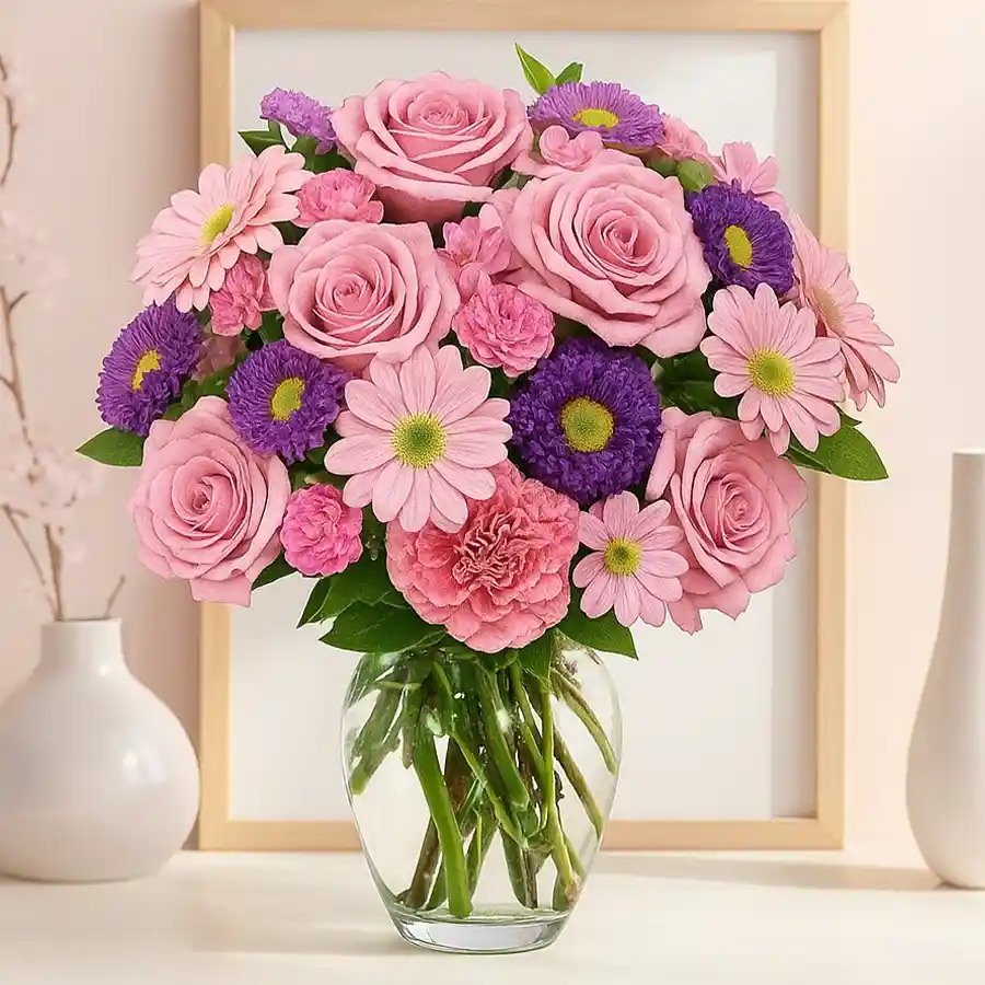 A beautiful floral arrangement of pink roses, carnations, and gerberas in a glass vase, perfect for expressing love and affection.