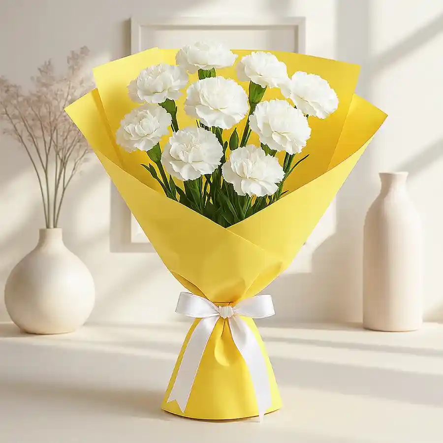 15 white carnations beautifully arranged in an elegant bunch.