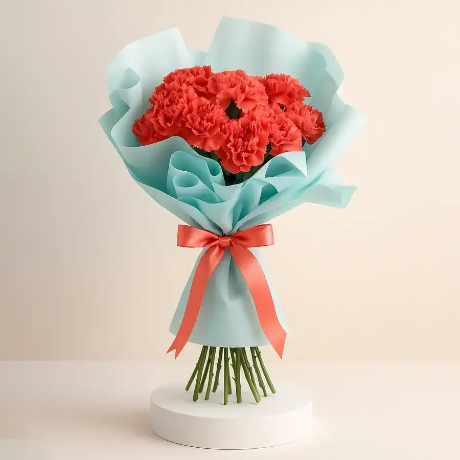 A vibrant bouquet of 12 red carnations, symbolizing love and appreciation.