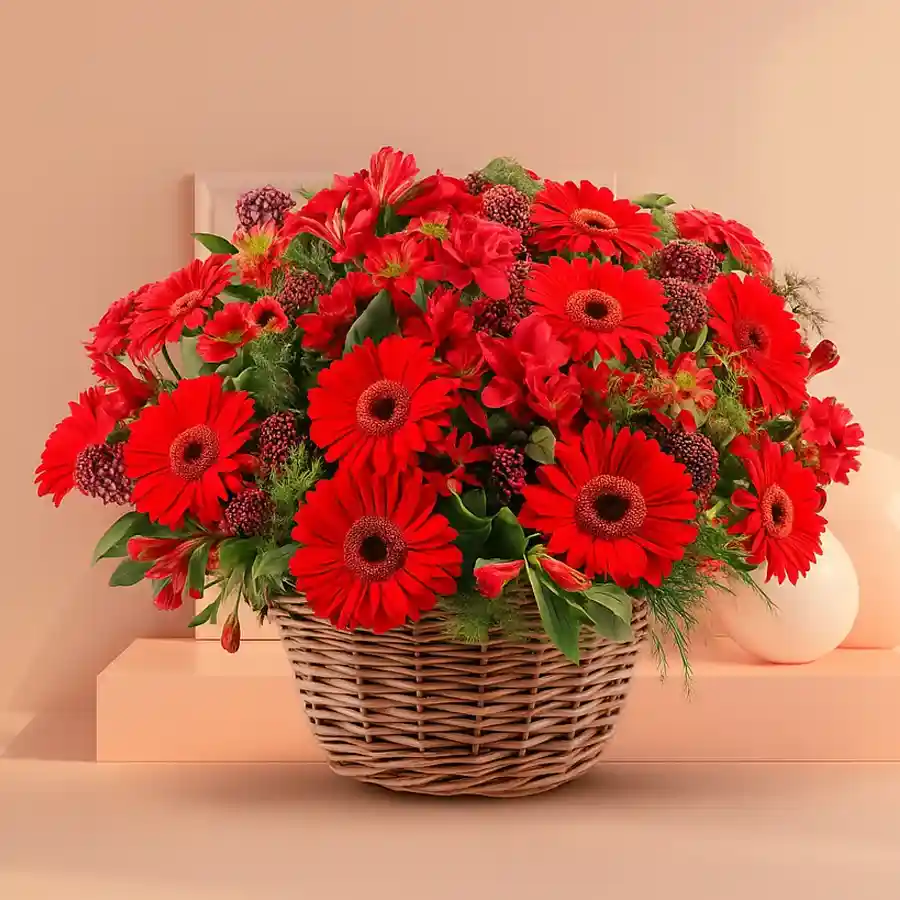 A vibrant arrangement of 12 red gerberas, perfect for expressing love and celebration.