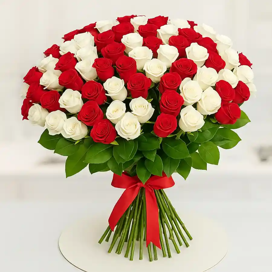 Fresh Cut Red N White Roses Bouquet featuring 30 roses, chic ribbons, and green leaves.