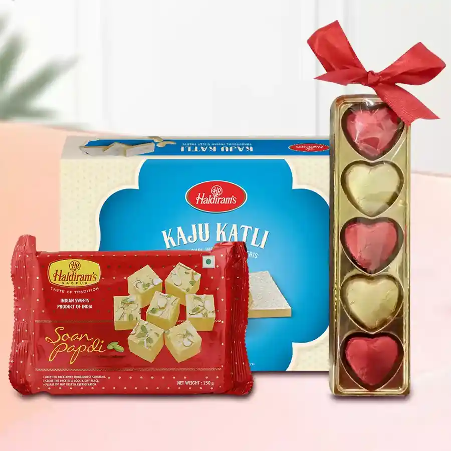 Chocolates with Haldirams Soan Papdi and Kaju Katli in an elegant package