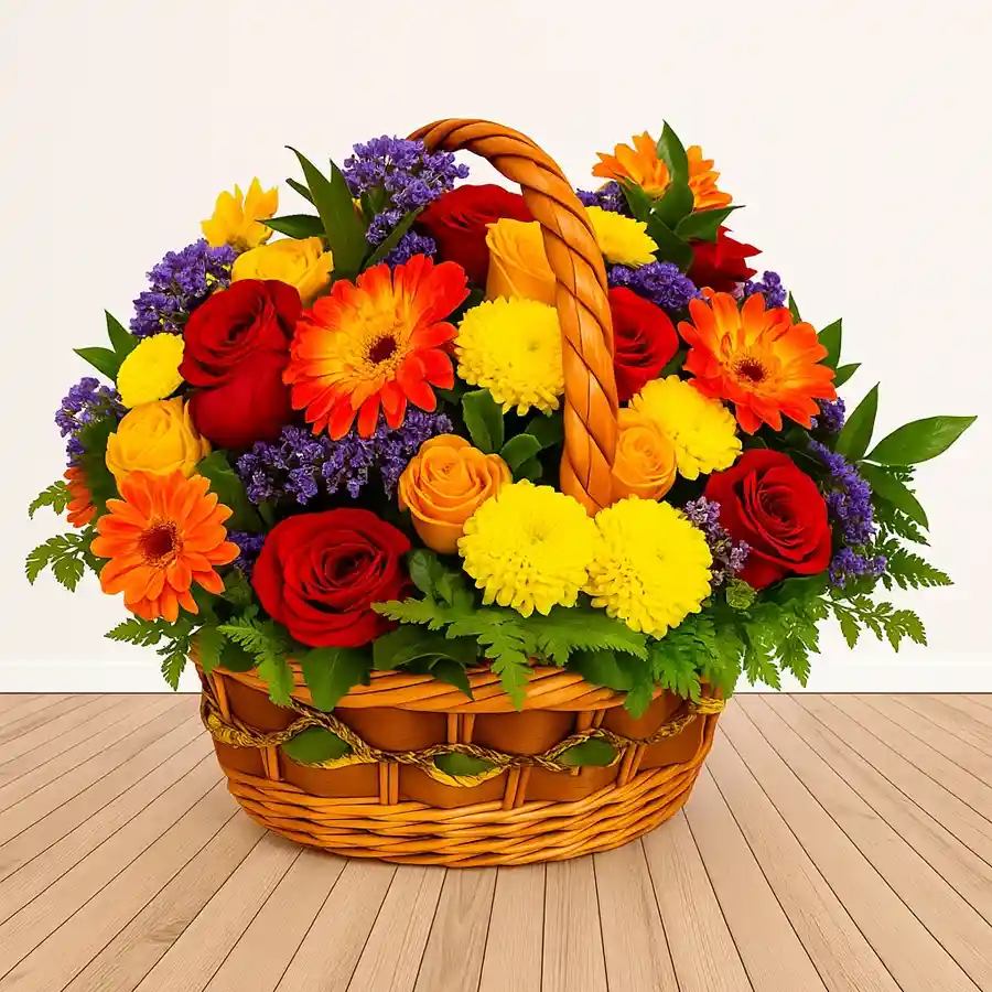 Vibrant seasonal flower basket featuring Gerberas, Carnations, Roses, and a Lily, adorned with decorative greens.