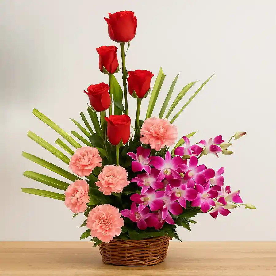 A vibrant Mixed Flowers Basket Arrangement with Gerberas, Roses, and Orchids, showcasing a delightful blend of colors.