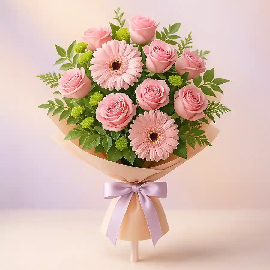 Colorful arrangement of 10 Gerberas and 10 Roses, symbolizing joy and celebration.