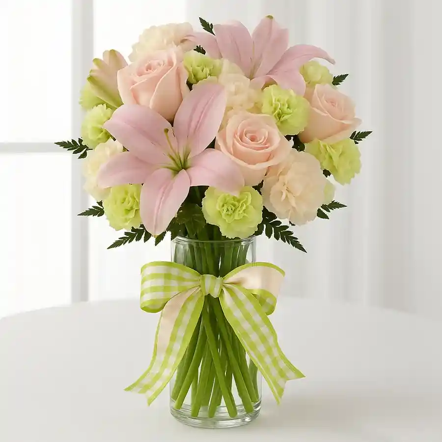 A joyful mixed flower arrangement featuring pink roses, white carnations, and pink lilies, adorned with delicate filler flowers.