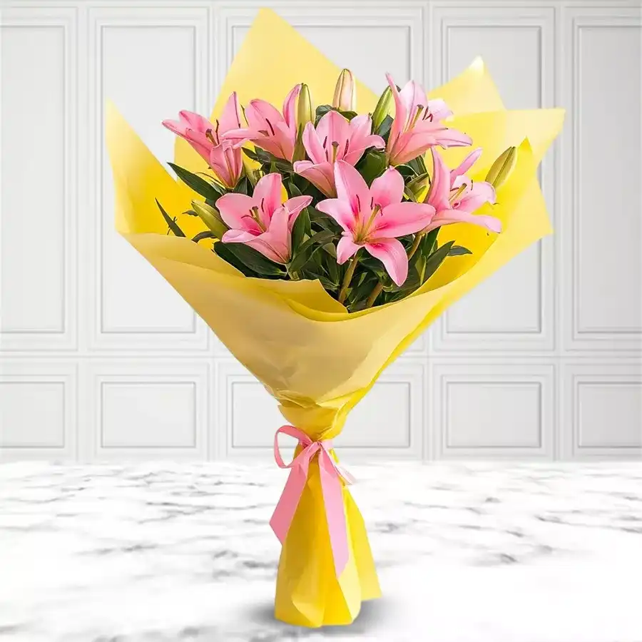 Lush arrangement of 10 Pink Oriental Lilies in an elegant bouquet.