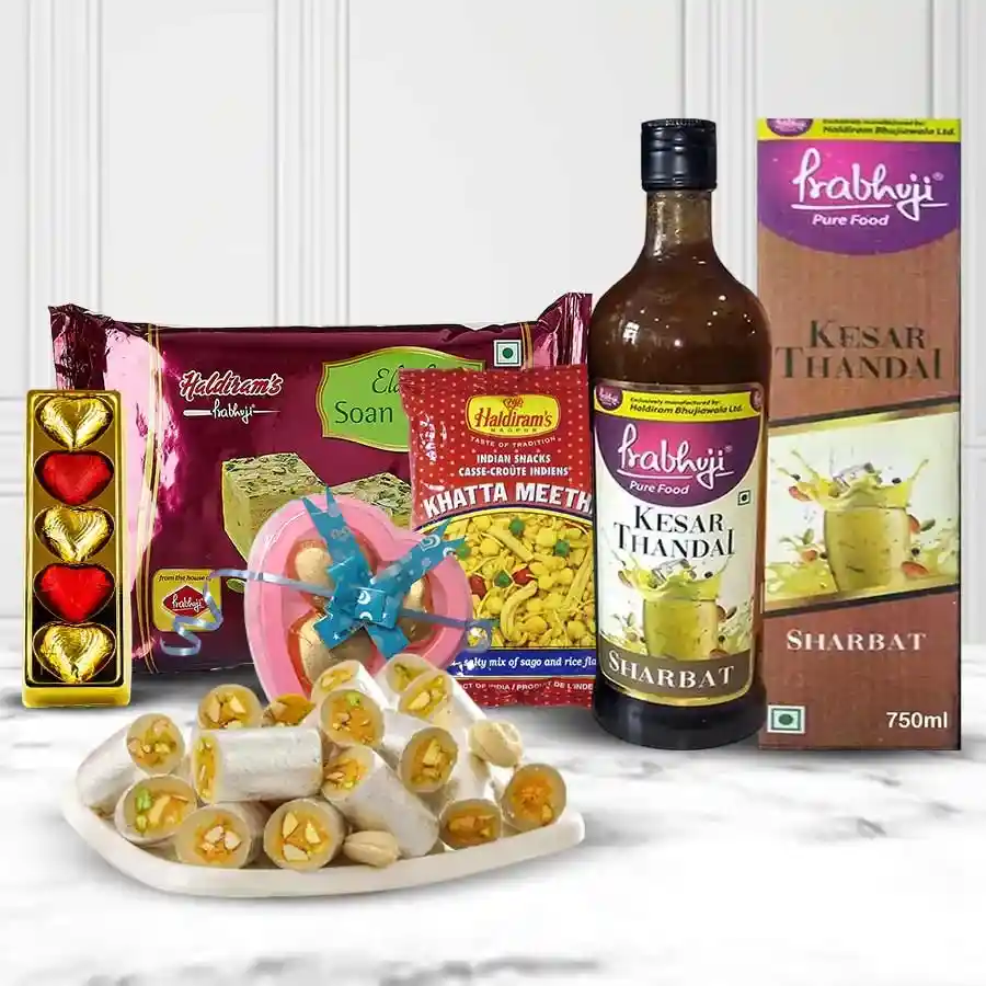 Sweet N Savory Gift Hamper containing Haldiram treats, homemade chocolates, and a Thandai bottle