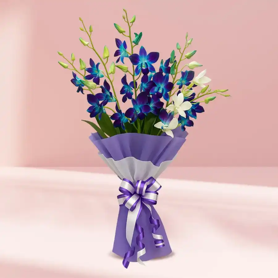 12-piece blue and white orchids bouquet with tissue wrapping, perfect for anniversaries.
