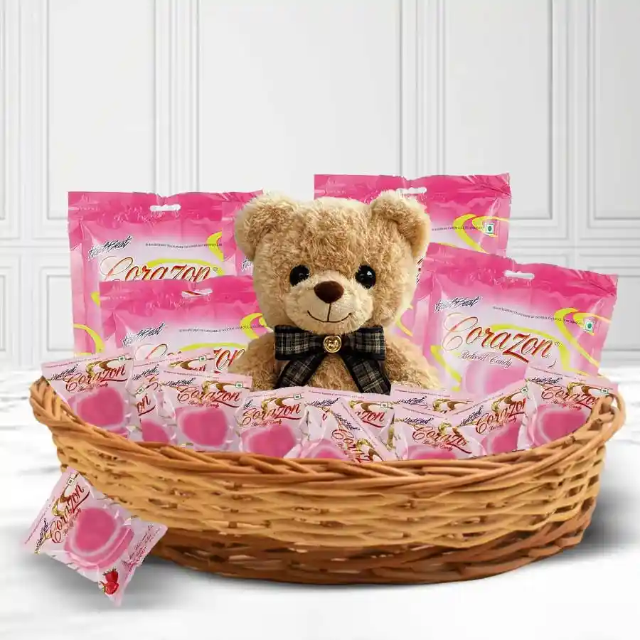Special Basket of Teddy Bear and Corazon Chocolates with a cute teddy bear and chocolate packaging