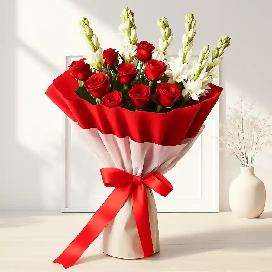 Heartfelt bouquet featuring red roses and white tuberose, elegantly wrapped in tissue.
