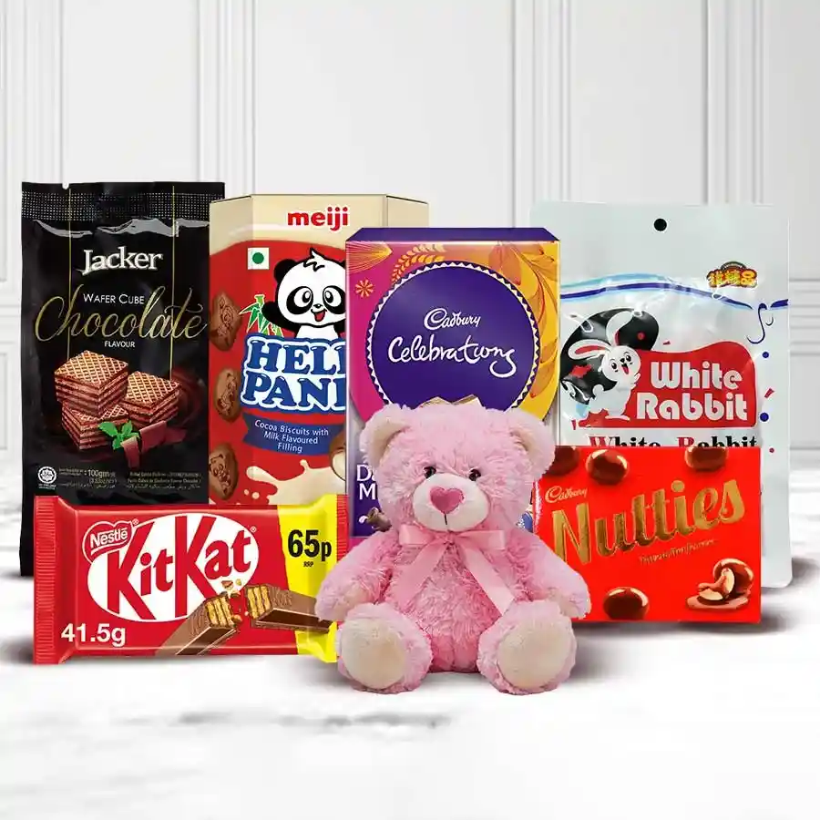Delicious Mixed Chocolates with Teddy hamper featuring assorted chocolates and a 6-inch teddy bear